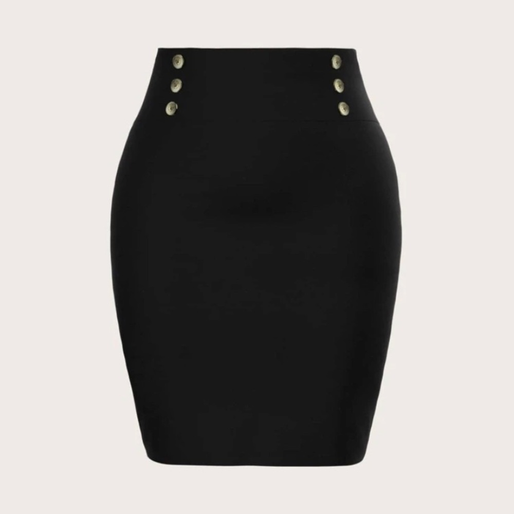 SHEIN Curve Black Gold Accents Double Breasted Pencil Skirt